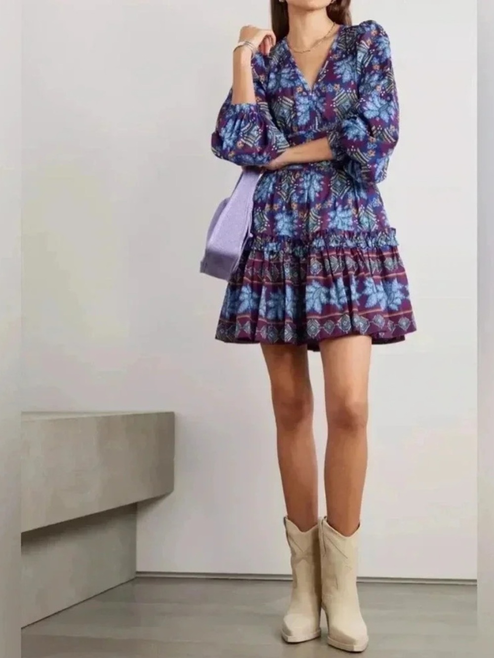 Cara Cara Harper Retro Long Sleeve Purple Floral Tiered Mini Dress